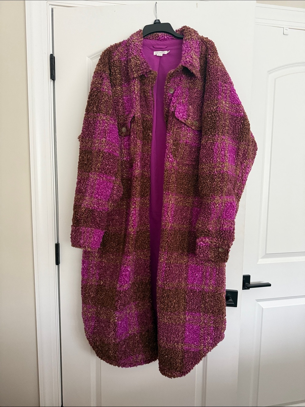 Good American Pink Brown Plaid Oversized Long Shacket Coat